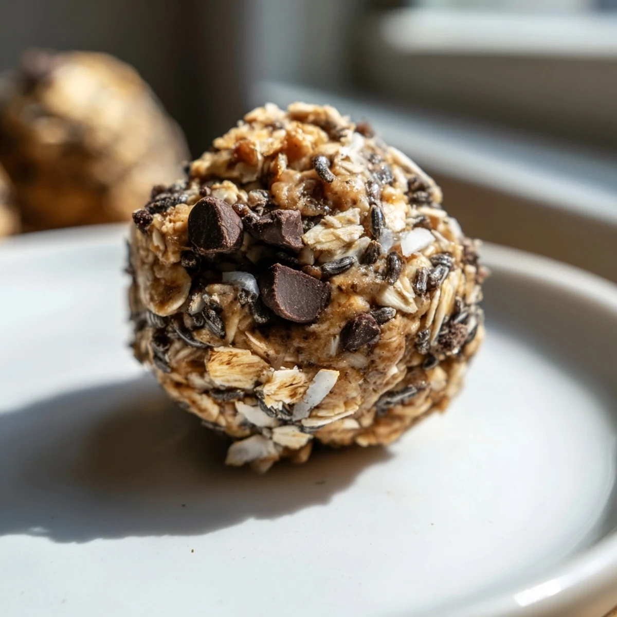 Fudgy Chocolate Peanut Butter Energy Bites with oats and seeds arranged on a marble countertop.