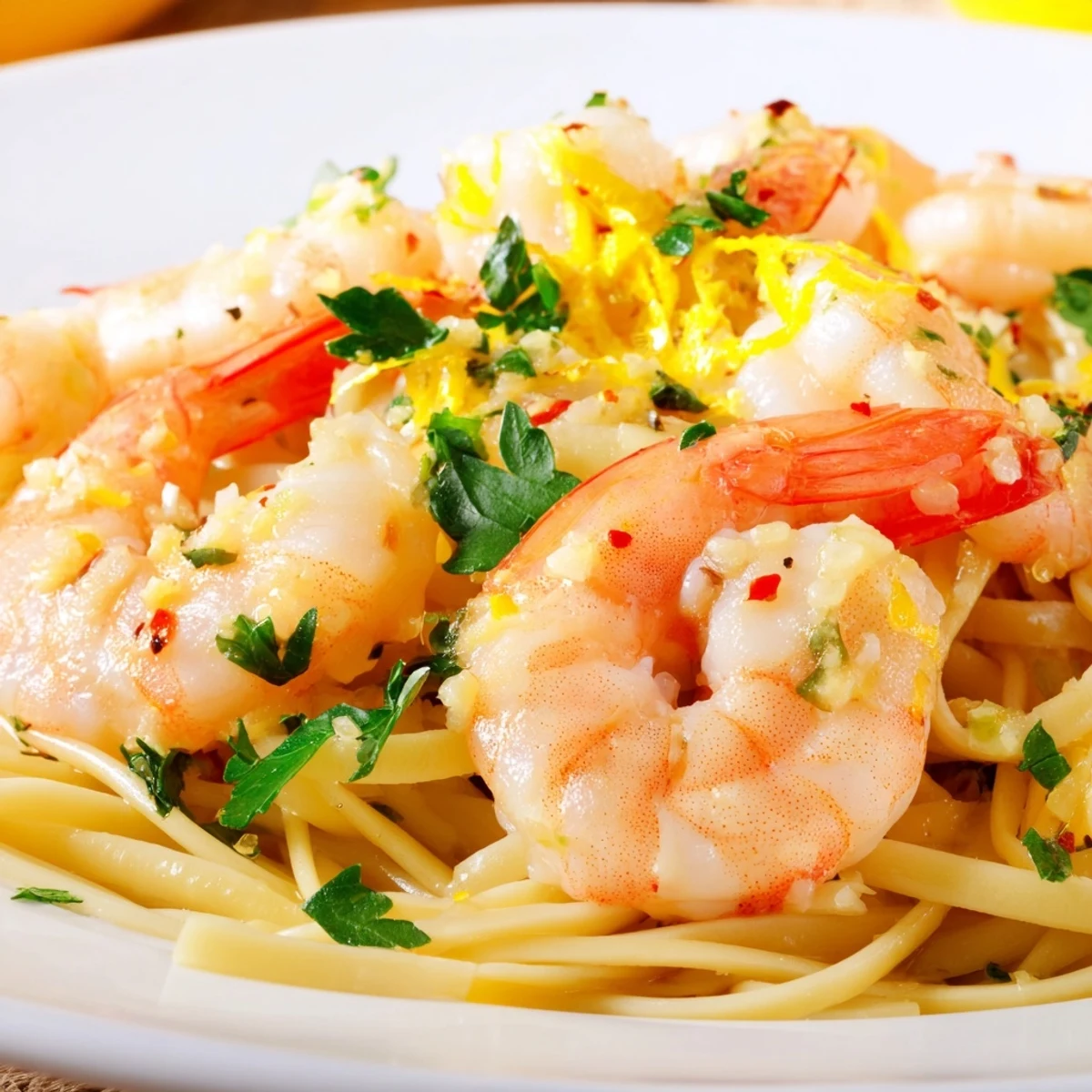Bright and vibrant Lemon Garlic Shrimp Scampi with parsley garnish served on a white plate with a glass of white wine.