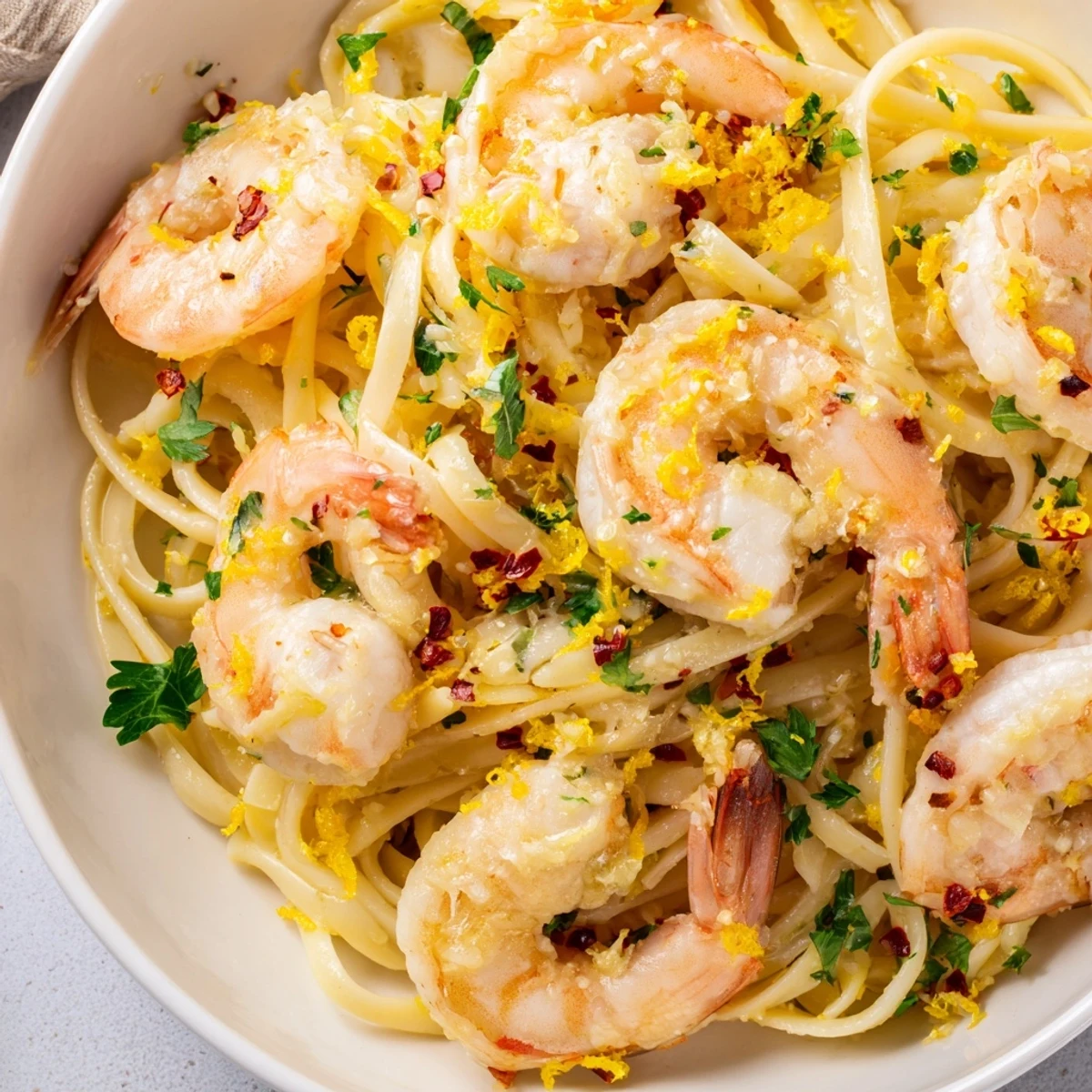 Close up of Lemon Garlic Shrimp Scampi featuring juicy shrimp and linguine tossed in a buttery garlic sauce.