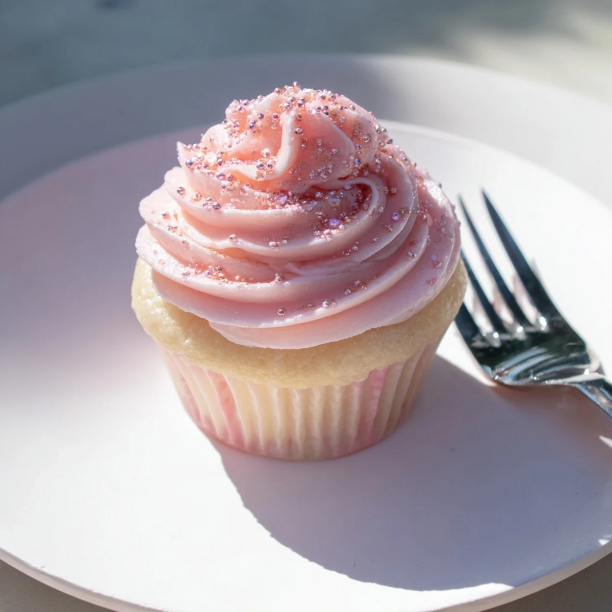 Frosted pink champagne cupcakes with delicate swirls of frosting and a subtle sparkle sit ready to be served at a celebration.