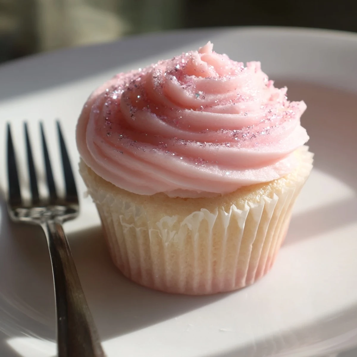 Close-up of moist pink champagne cupcakes topped with pink grape juice frosting, capturing the festive charm of an easy American dessert.