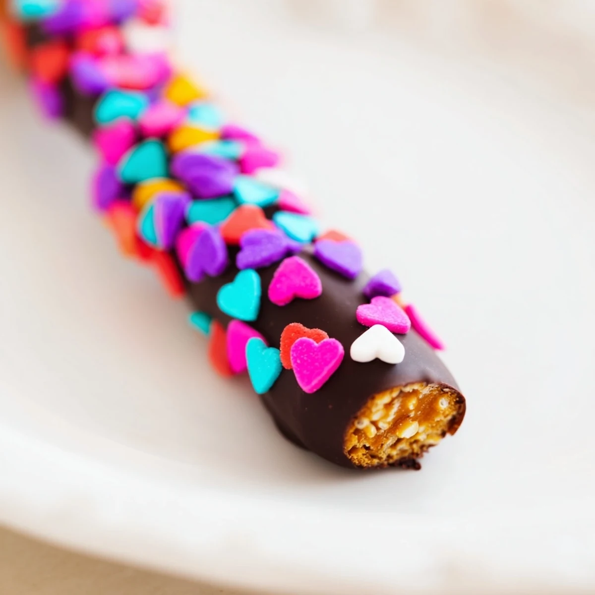 Three crisp pretzels dipped in glossy semisweet chocolate, decorated with tiny red heart sprinkles against a clean white background.  