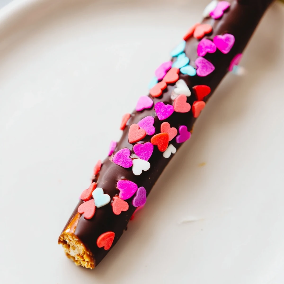 A close-up of a single pretzel rod half-coated in melted chocolate, dotted with festive heart-shaped sprinkles.