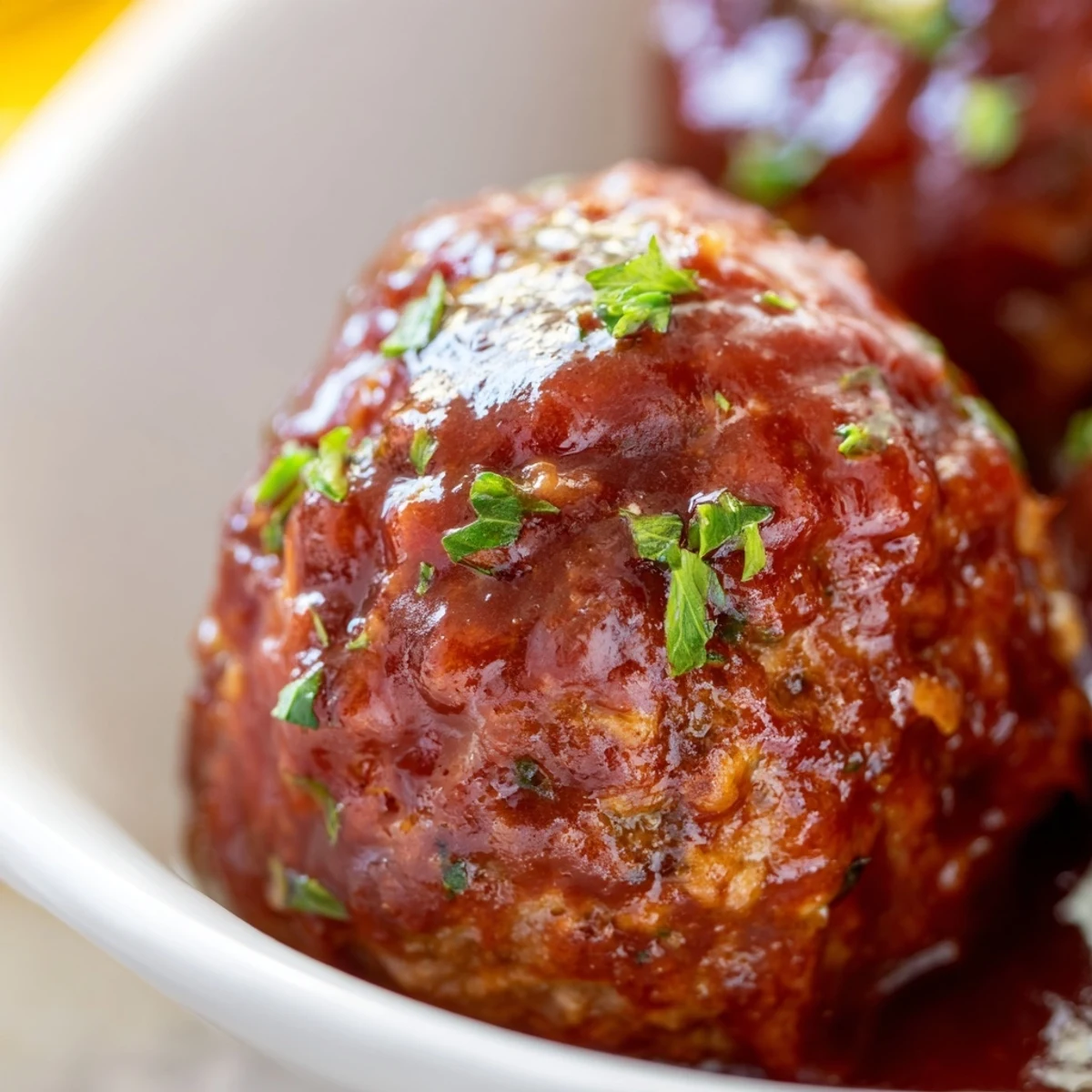 Golden-brown Tailgate BBQ Beef Meatballs glistening with tangy barbecue sauce, served on a platter for a game-day snack.  