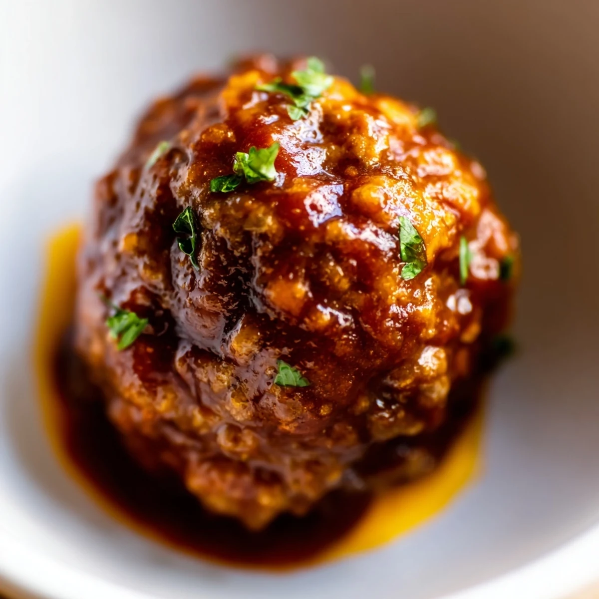 Juicy Tailgate BBQ Beef Meatballs coated in sticky glaze, plated with fresh herbs for a crowd-pleasing appetizer.