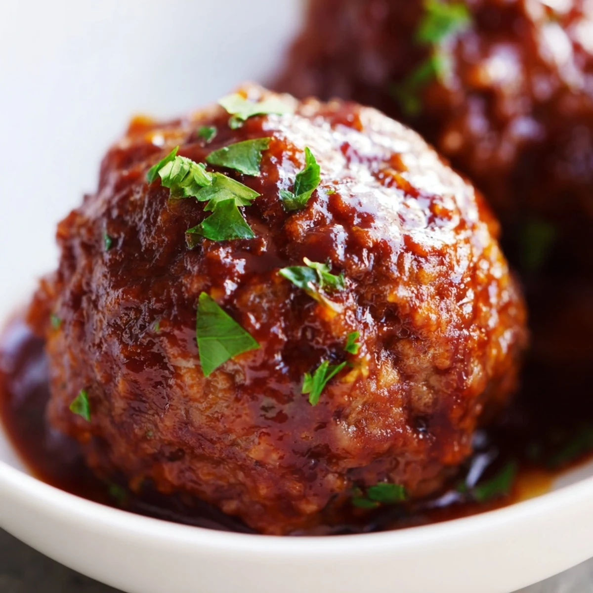 Savory Tailgate BBQ Beef Meatballs on a toothpick, perfect for easy snacking at outdoor tailgate parties.  