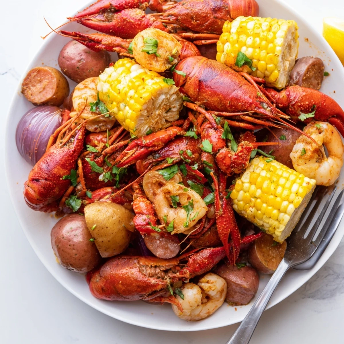 A steaming platter of Spicy Cajun Crawfish Boil features bright red crawfish, sausage slices, and corn on the cob glistening with bold spices.