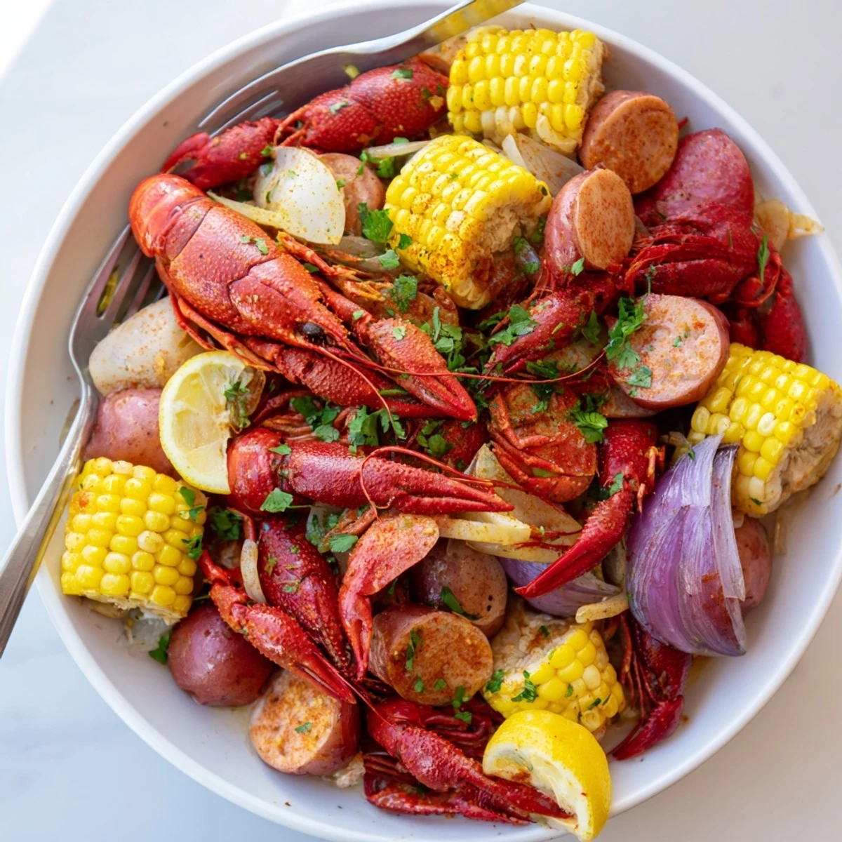 A close-up of Spicy Cajun Crawfish Boil showcases tender crawfish, smoky andouille sausage, and buttery potatoes on a rustic table.