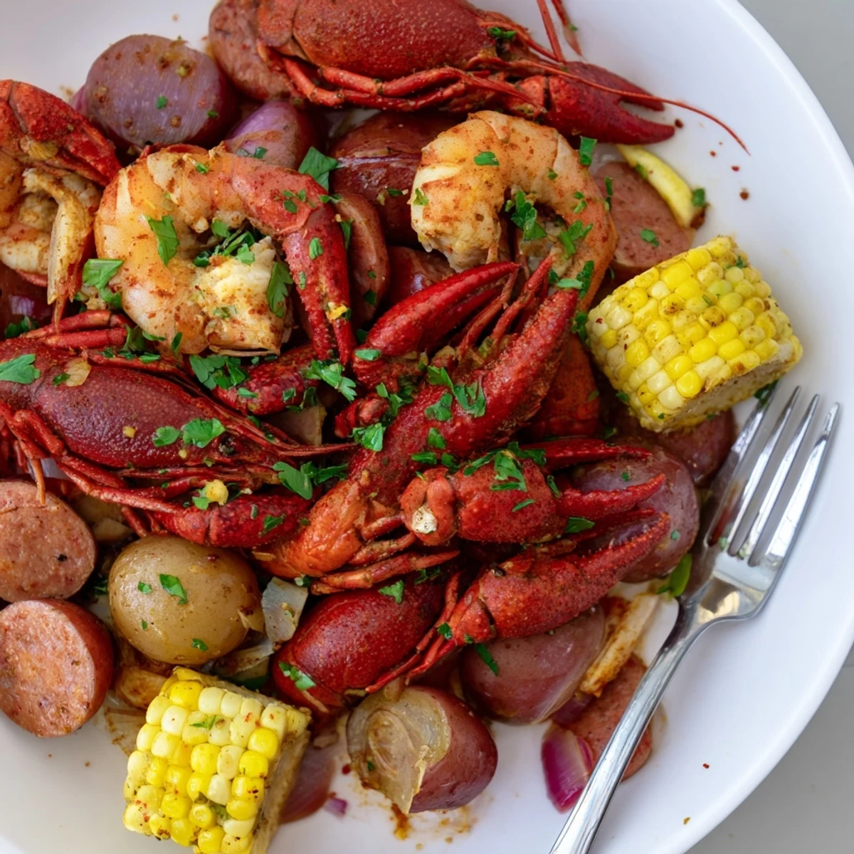 Overhead view of a festive Spicy Cajun Crawfish Boil with crawfish, sausage, corn, and vegetables tossed in a flavorful, spicy seasoning.