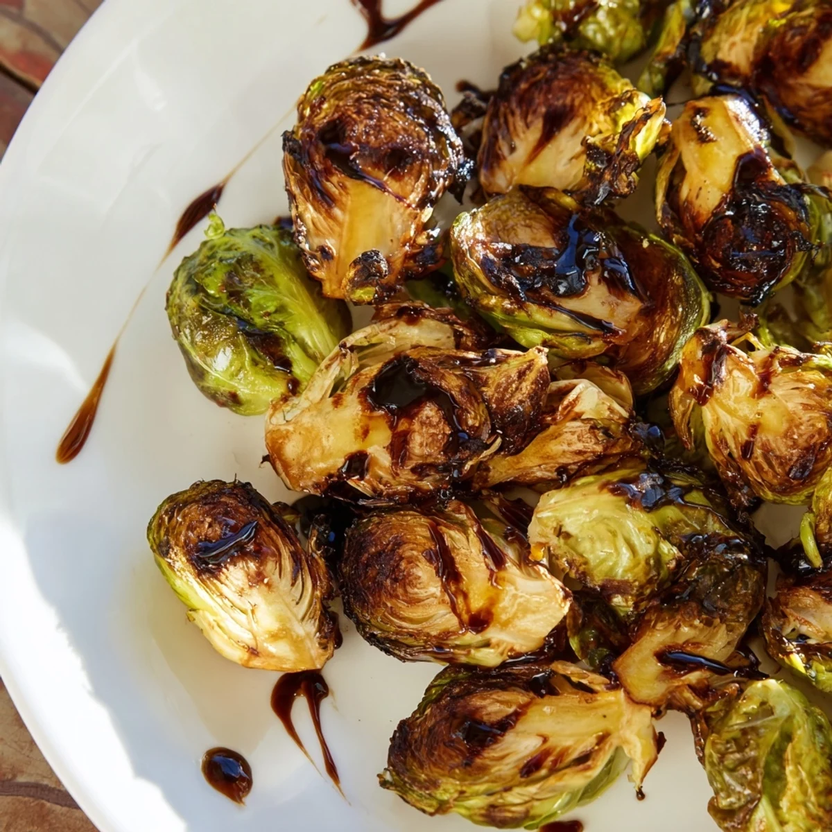 These golden-brown roasted Brussels sprouts are drizzled with a tangy-sweet balsamic glaze, perfect as a vegetarian side dish.  