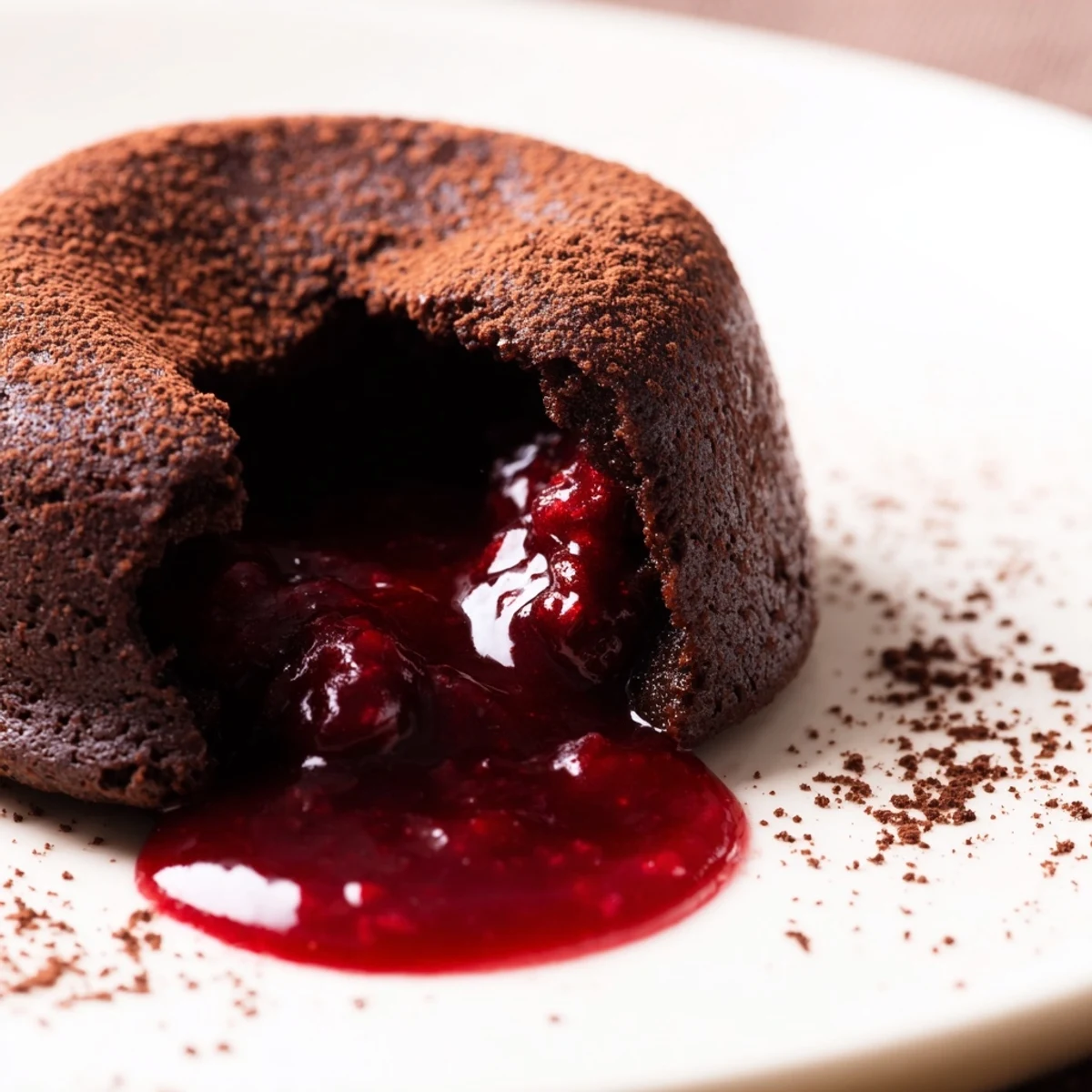 Indulgent Chocolate Lava Cakes with Raspberry Coulis served warm, featuring a rich, dark chocolate interior and a vibrant, tangy berry sauce on the side.