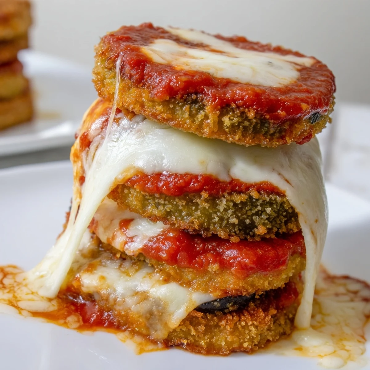 Golden-brown baked eggplant slices layered with rich marinara sauce and bubbling mozzarella in a casserole dish for Vegetarian Eggplant Parmesan.