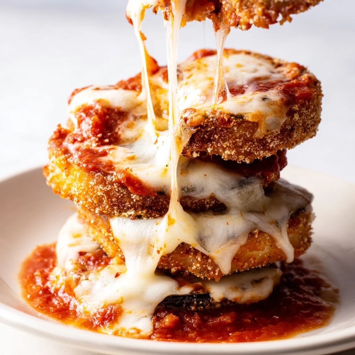 Close-up of crispy, breaded eggplant rounds topped with marinara sauce and shredded Parmesan for a classic meatless dinner.