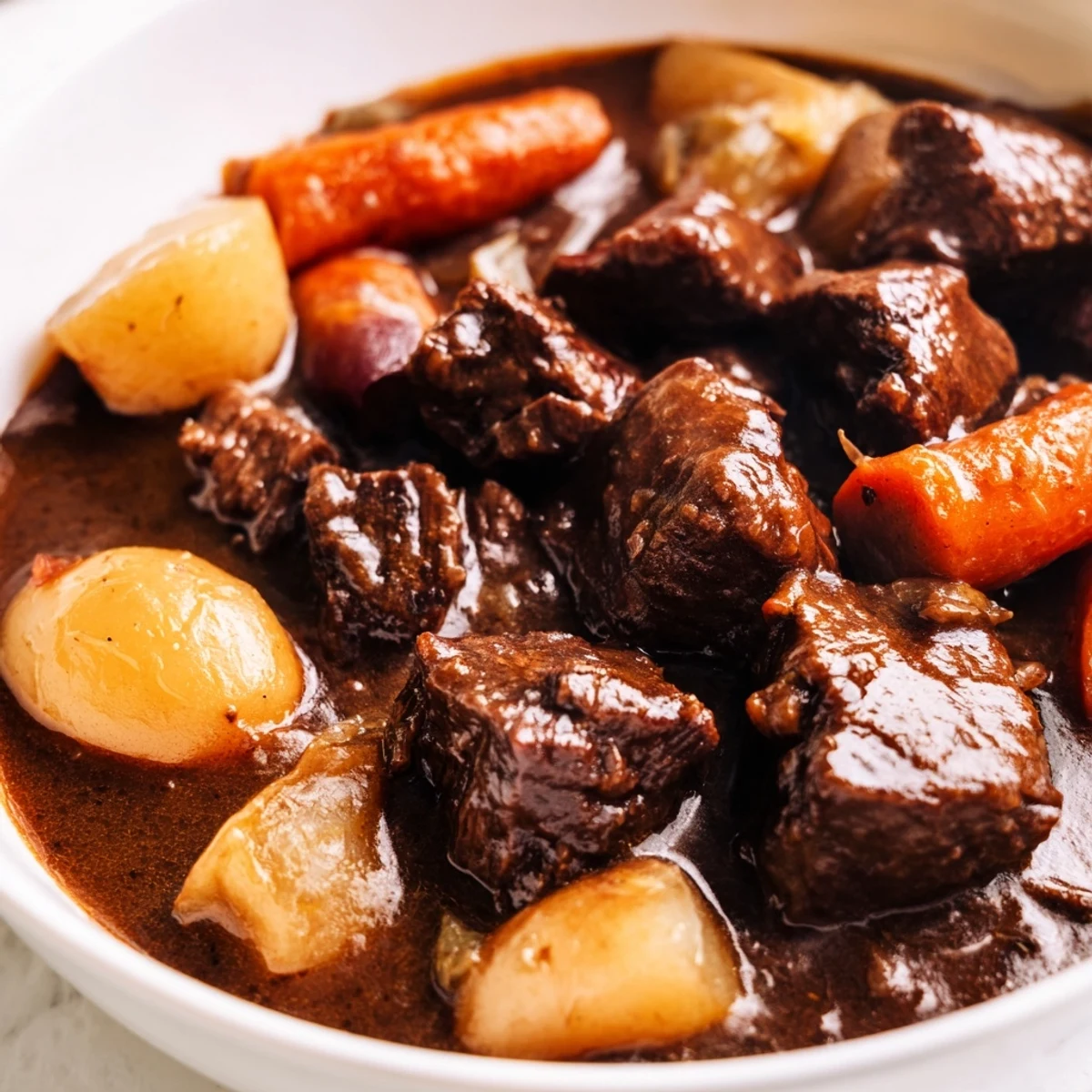 Rustic pot of Guinness-Style Alcohol-Free Beef Stew served from a Dutch oven, garnished with fresh parsley and paired with crusty bread.