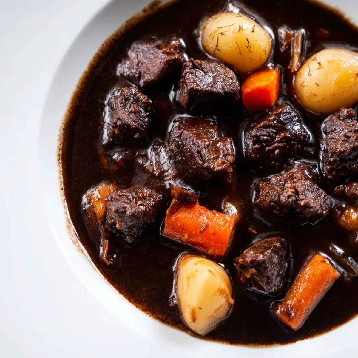 Close-up of Guinness-Style Alcohol-Free Beef Stew, showing glistening sauce, soft parsnips, and hearty vegetables in an Irish-inspired comfort food bowl.