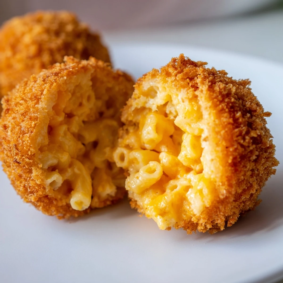 Freshly fried Super Bowl Fried Mac and Cheese Balls stacked on napkins, steam rising and cheese oozing out.
