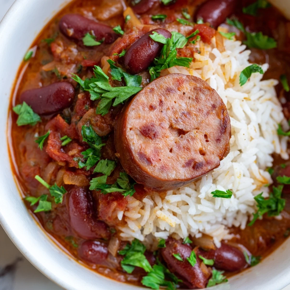 Hearty Creole Rice and Beans with Sausage simmering in a spicy tomato sauce, with fluffy rice and creamy kidney beans in a rustic skillet.