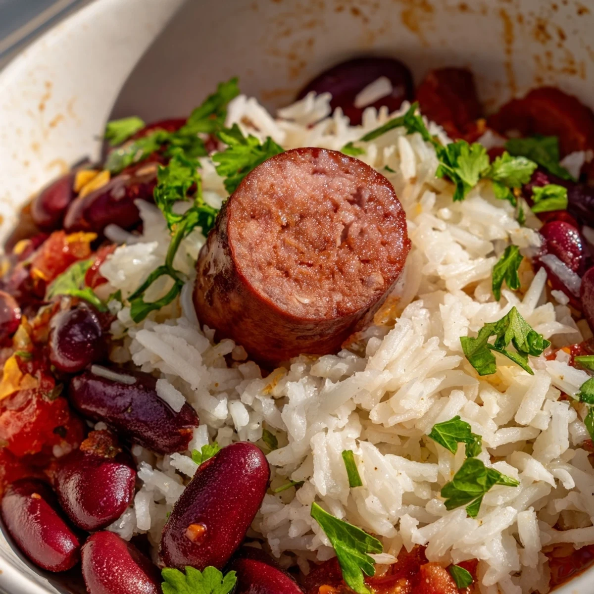 Savory Creole Rice and Beans with Sausage garnished with fresh parsley, featuring smoky Andouille and vibrant bell peppers for a comforting family meal.