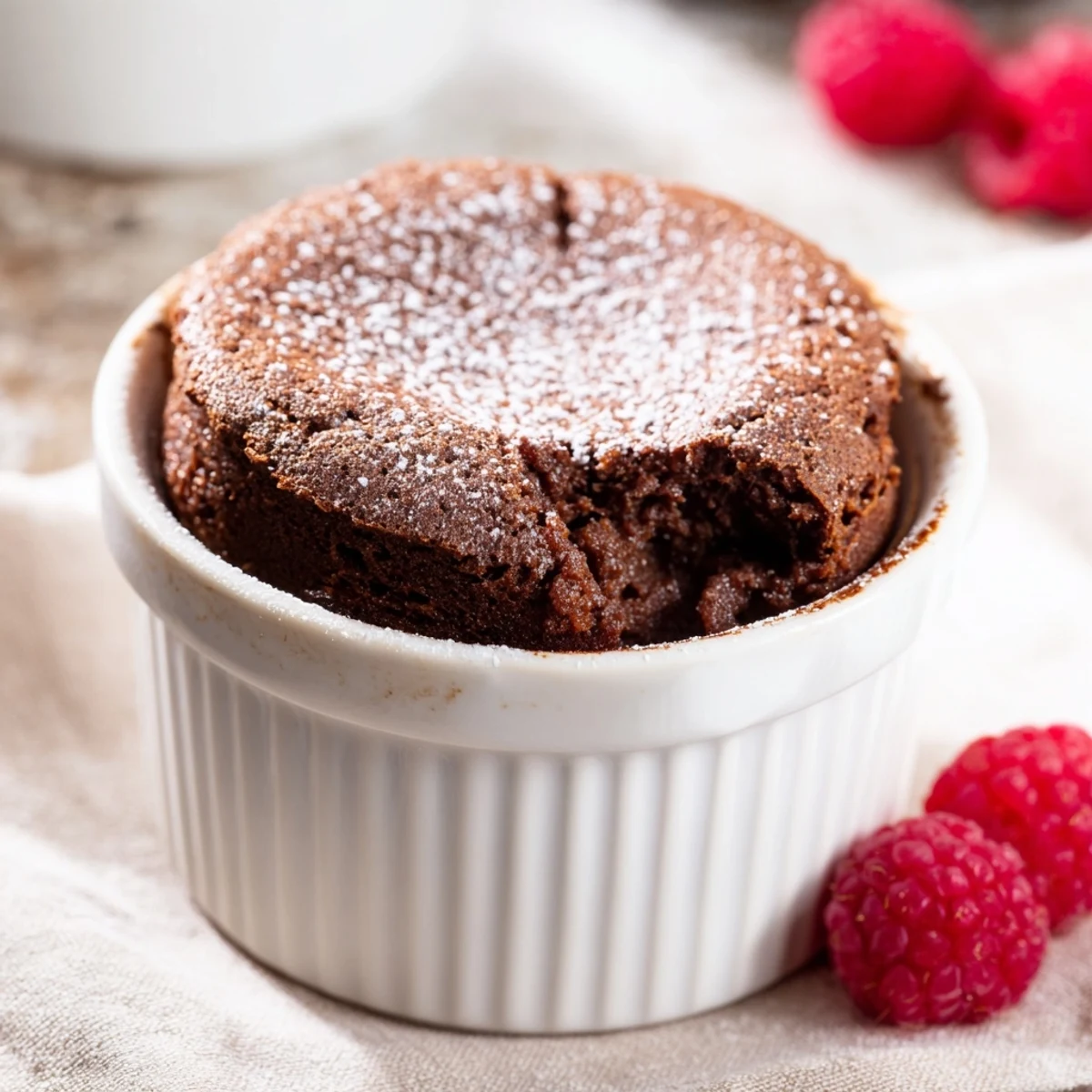 Warm Valentine Chocolate Soufflé rising high with a rich, molten center on a romantic dinner plate.