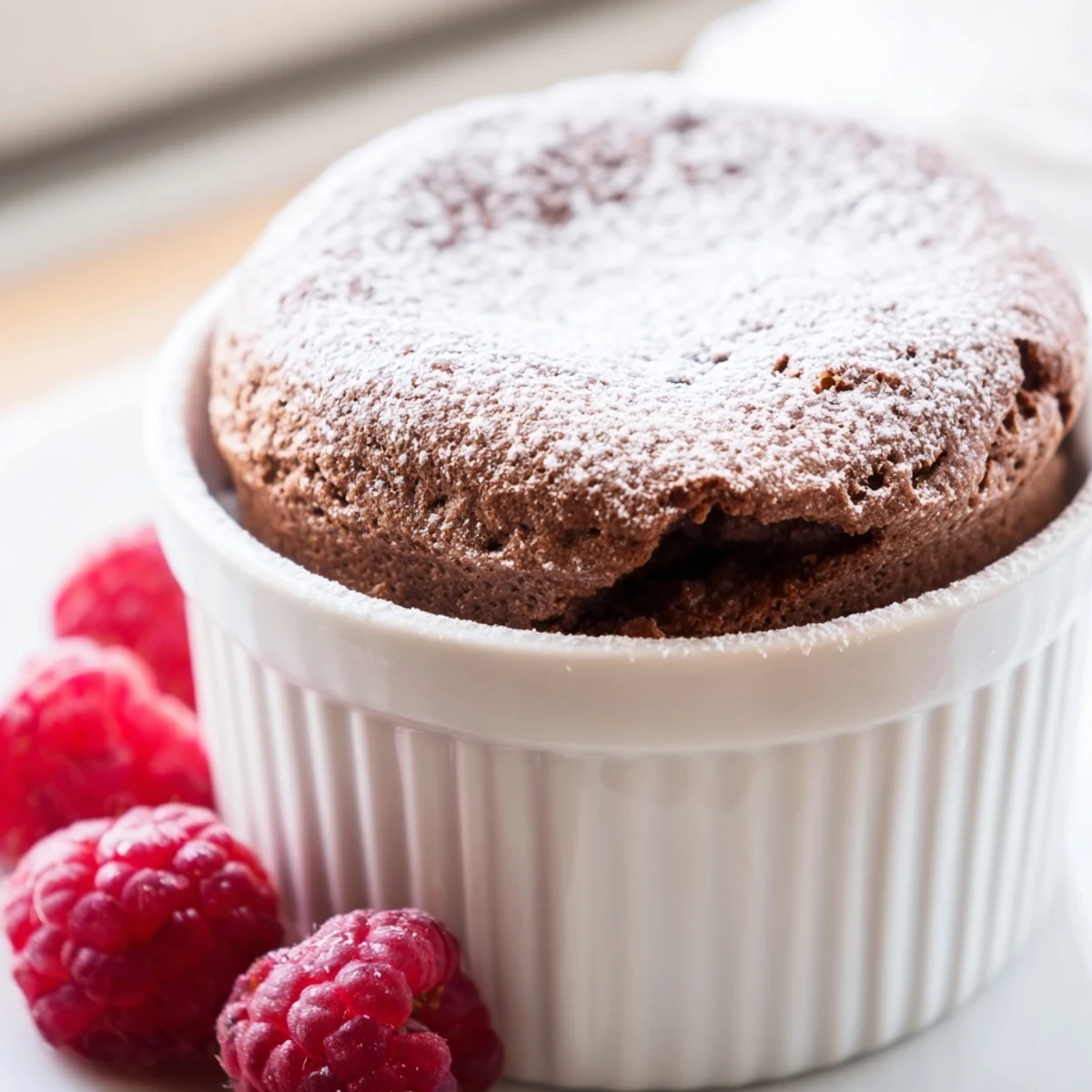 A freshly baked Valentine Chocolate Soufflé dusted with powdered sugar and fresh raspberries on a dessert plate.