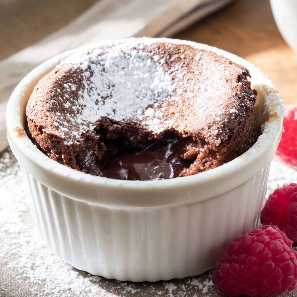 Golden-brown Valentine Chocolate Soufflé served in a ramekin, with a soft, airy texture and hints of chocolate.