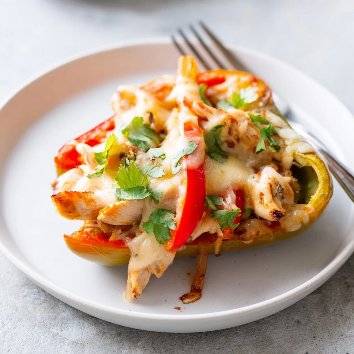 A close-up of Chicken Fajita Stuffed Peppers served with fresh lime wedges and cilantro.
