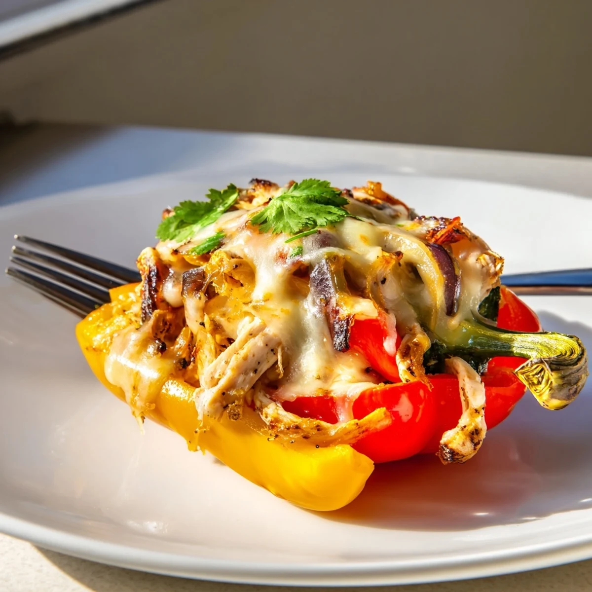 Chicken Fajita Stuffed Peppers garnished with cilantro, ready to serve as a vibrant Tex-Mex dinner.
