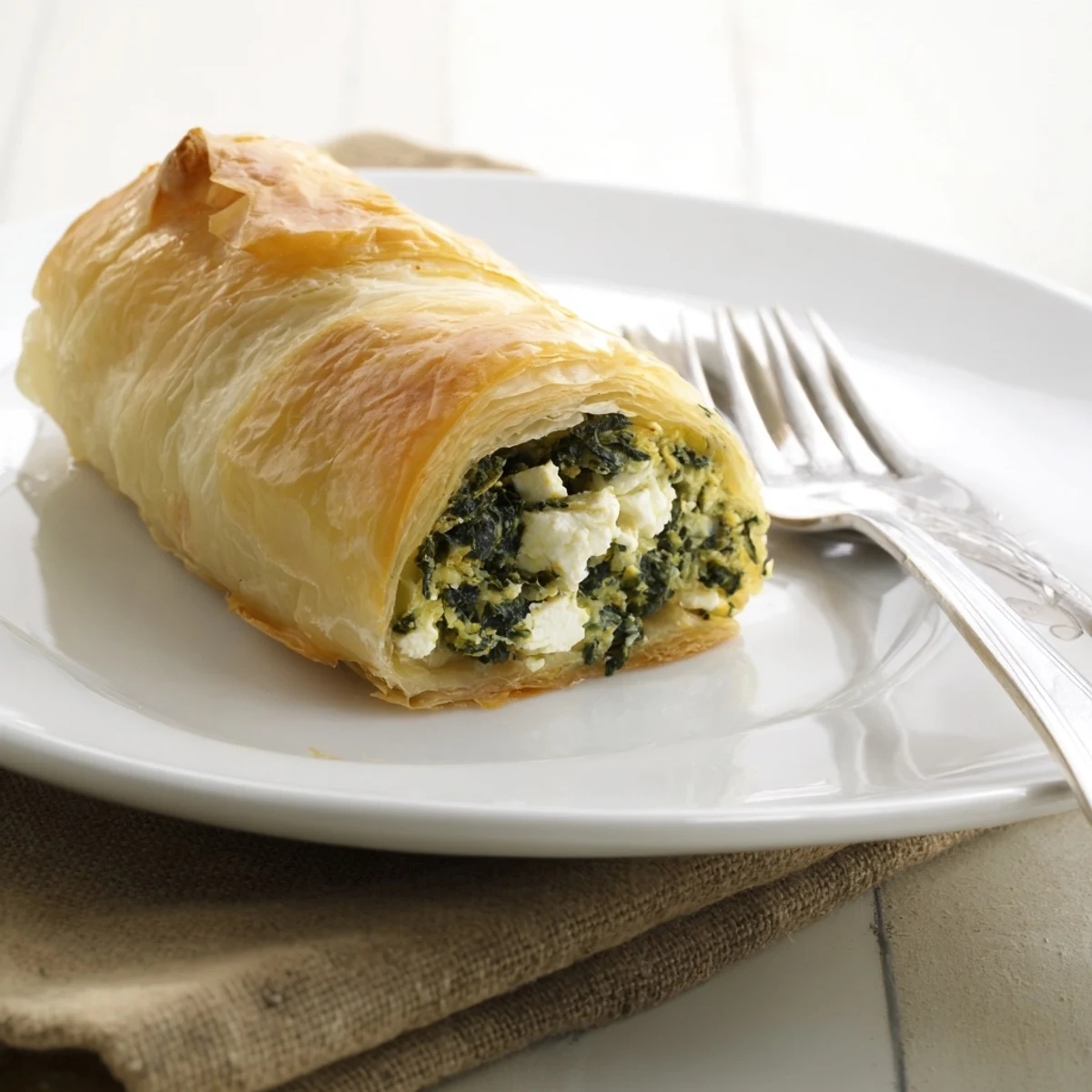 A close-up of golden, flaky Green Spinach and Feta Puff Pastry with visible spinach and crumbled feta, ready to serve.