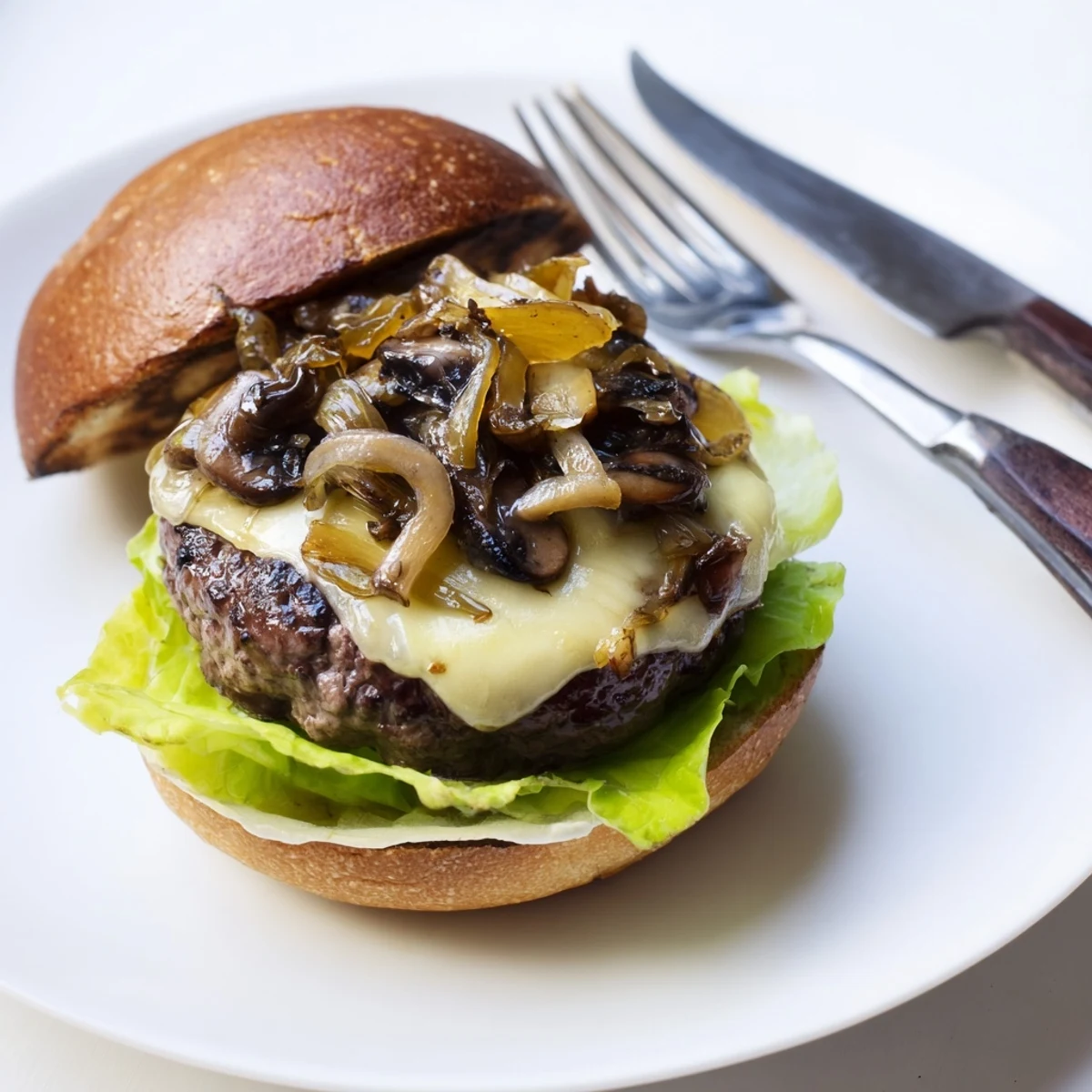 The gourmet Mushroom and Swiss Burger features sautéed mushrooms and melty Swiss cheese, nestled in a bun.