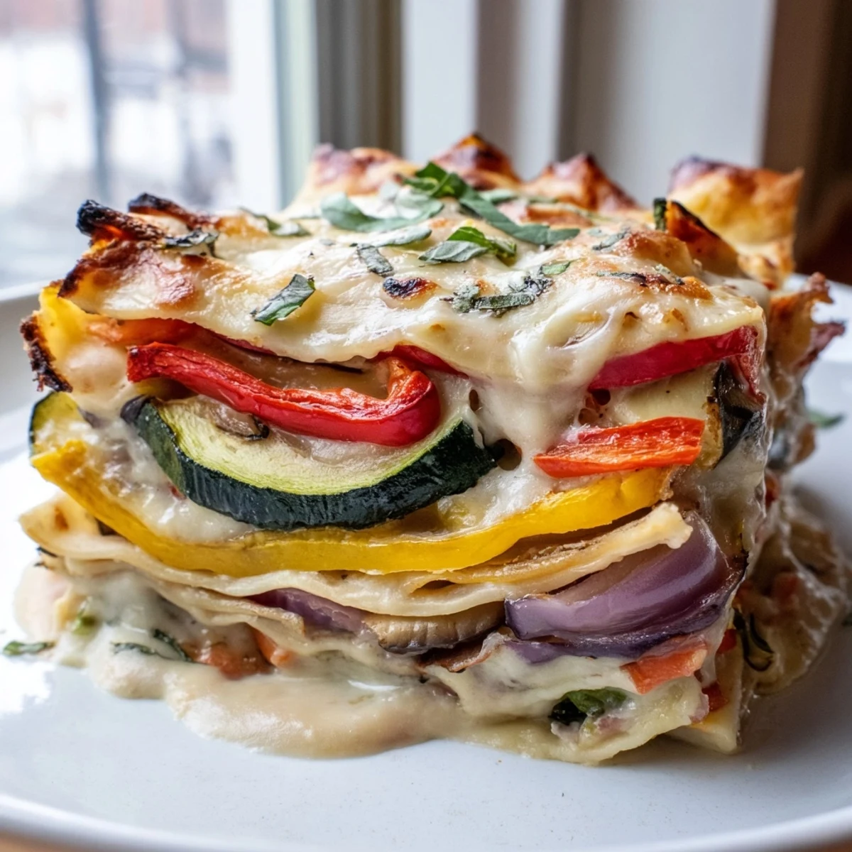 Golden-brown Roasted Vegetable Lasagna with White Sauce, featuring layers of tender zucchini, eggplant, and bell peppers nestled in creamy béchamel and topped with bubbling mozzarella.  