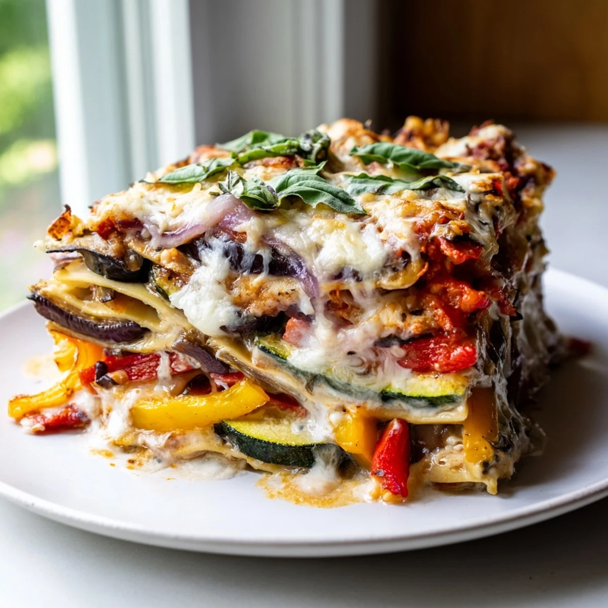 A close-up of a slice of Roasted Vegetable Lasagna with White Sauce, showcasing the rich, creamy layers and vibrant roasted vegetables on a rustic wooden board.  