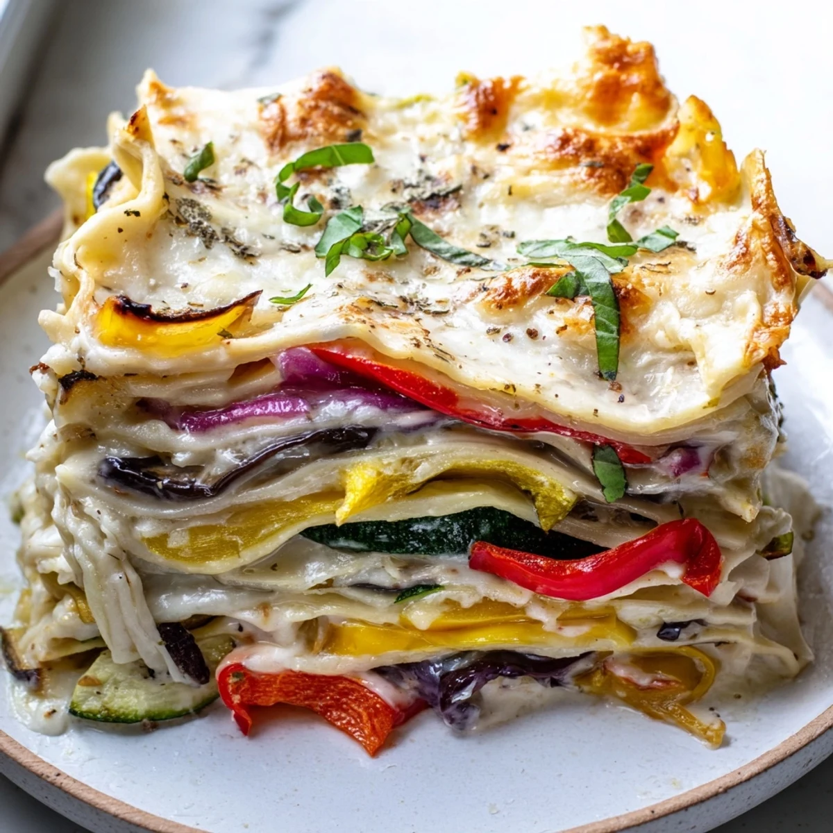 Hearty serving of Roasted Vegetable Lasagna with White Sauce, garnished with fresh basil, paired with a crisp green salad and a glass of white wine.