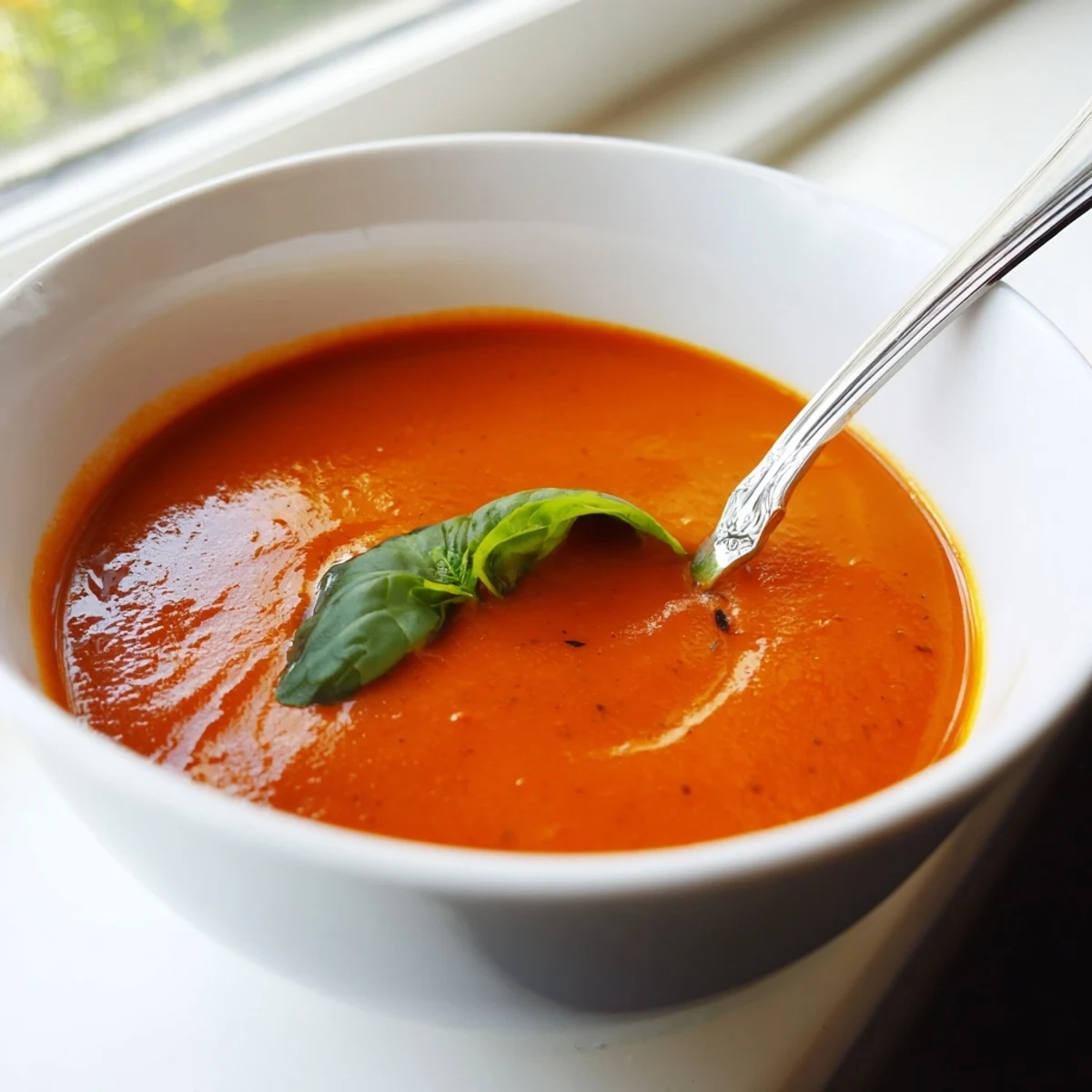 A steaming bowl of Roasted Garlic and Tomato Basil Soup garnished with fresh basil leaves and a swirl of olive oil.