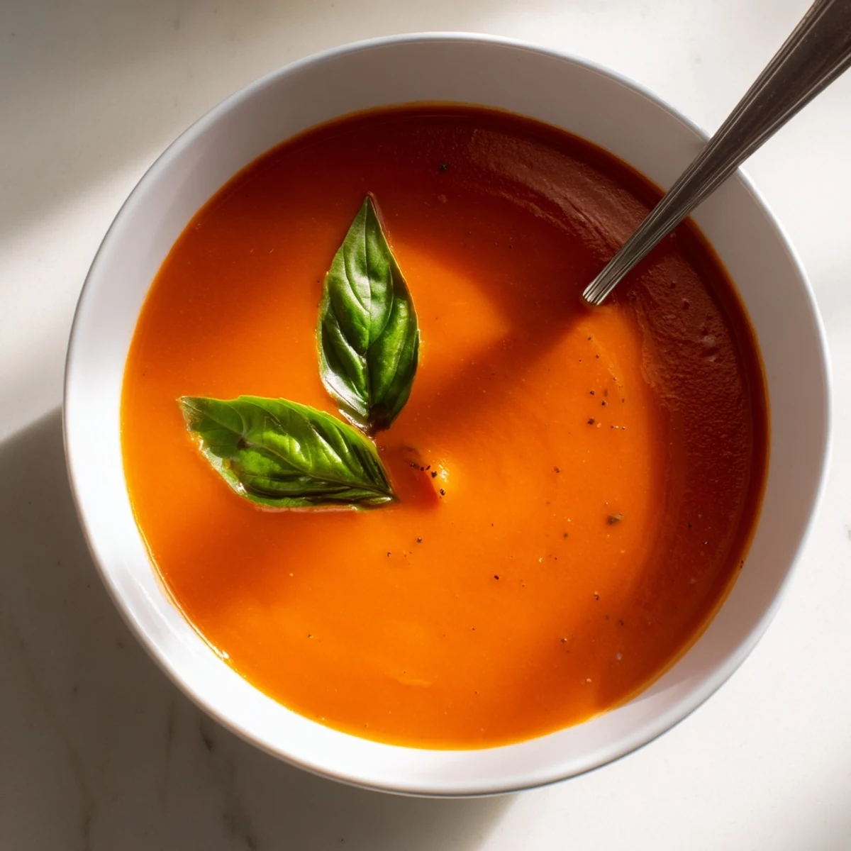 Creamy Roasted Garlic and Tomato Basil Soup served in a white ceramic bowl, highlighting the vibrant red color.