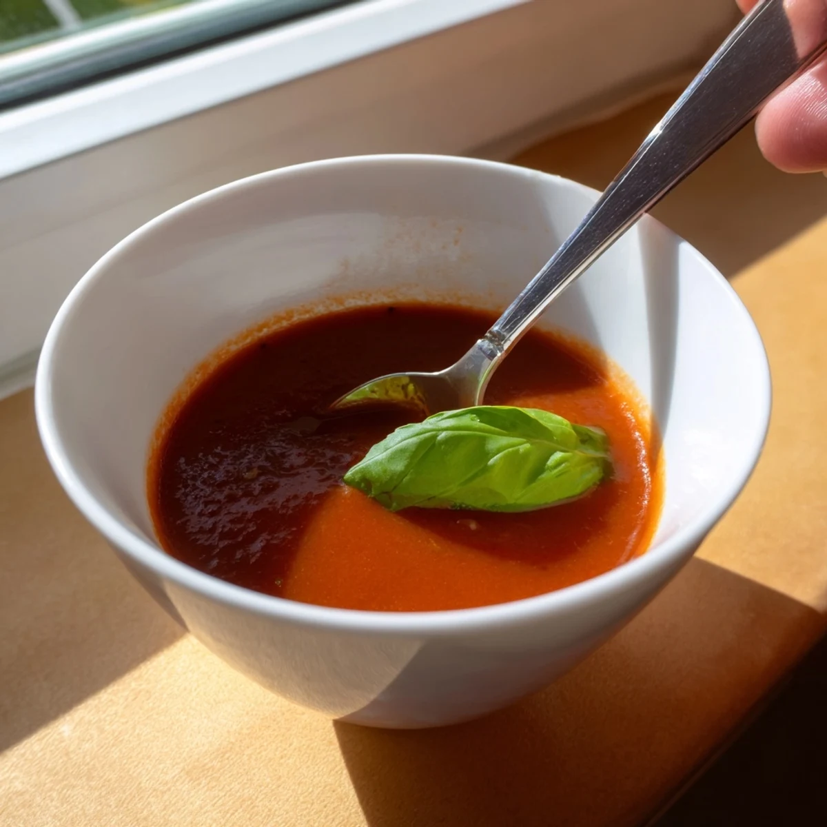 Close-up of Roasted Garlic and Tomato Basil Soup beside crusty bread for dipping on a rustic wooden table.