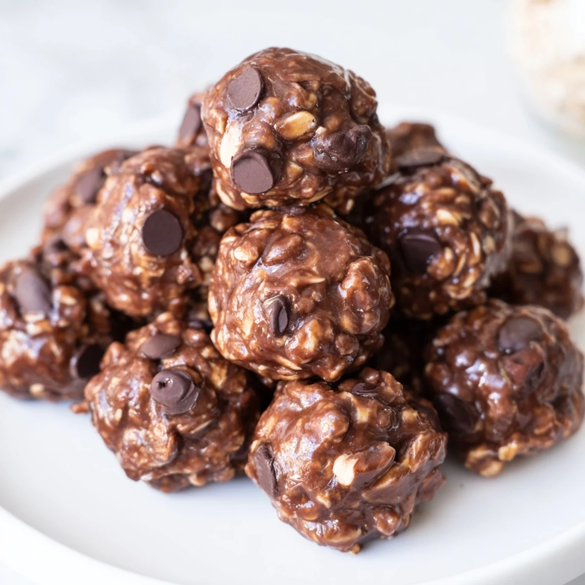 Dark chocolate chips and peanut butter swirl in a mound of Chocolate Peanut Butter Energy Balls on a parchment-lined tray.
