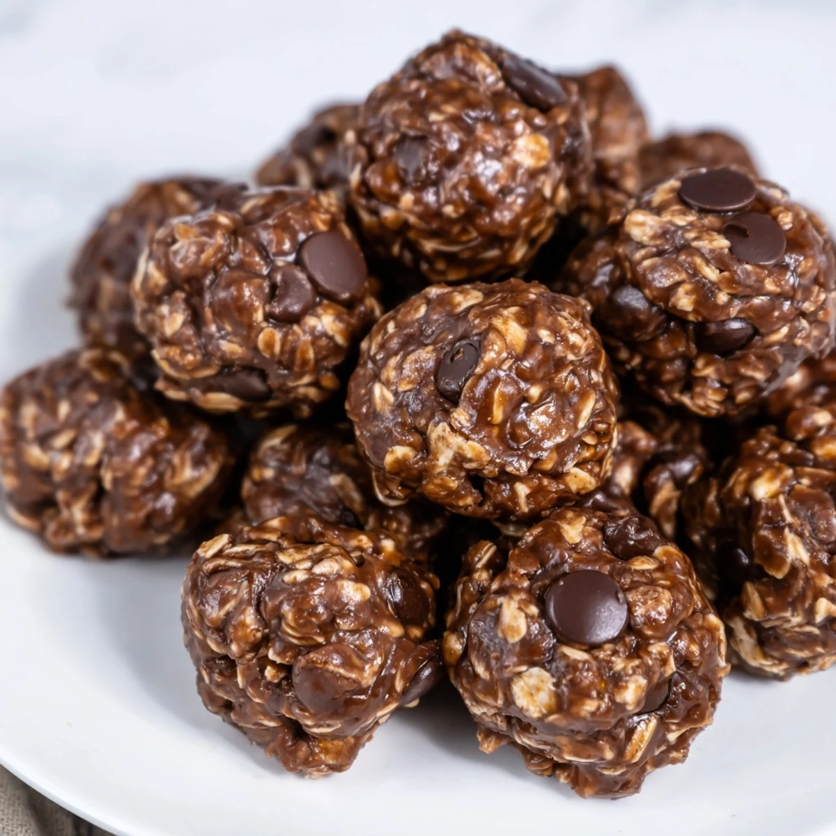 A close-up of Chocolate Peanut Butter Energy Balls shows oats and nuts in a rich, no-bake snack for post-workout fuel.
