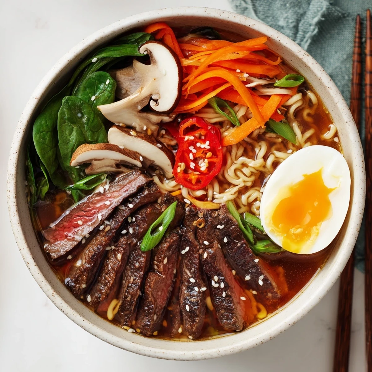 A steaming bowl of Spicy Beef Ramen with Soft Boiled Egg, topped with fresh green onions and a halved egg yolk.