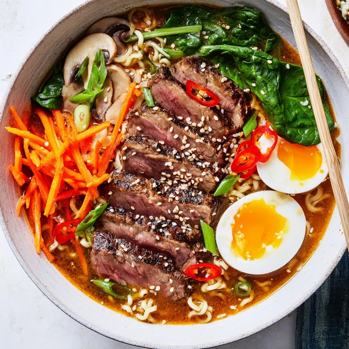 Close-up of Spicy Beef Ramen with Soft Boiled Egg, showcasing tender beef slices and a rich, aromatic broth.