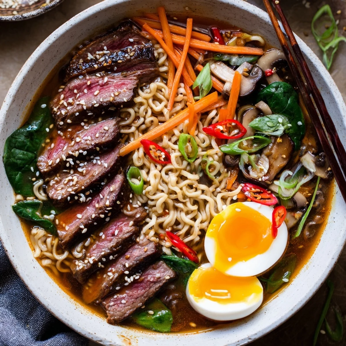 Spicy Beef Ramen with Soft Boiled Egg served in a rustic bowl, garnished with chili slices and toasted sesame seeds.