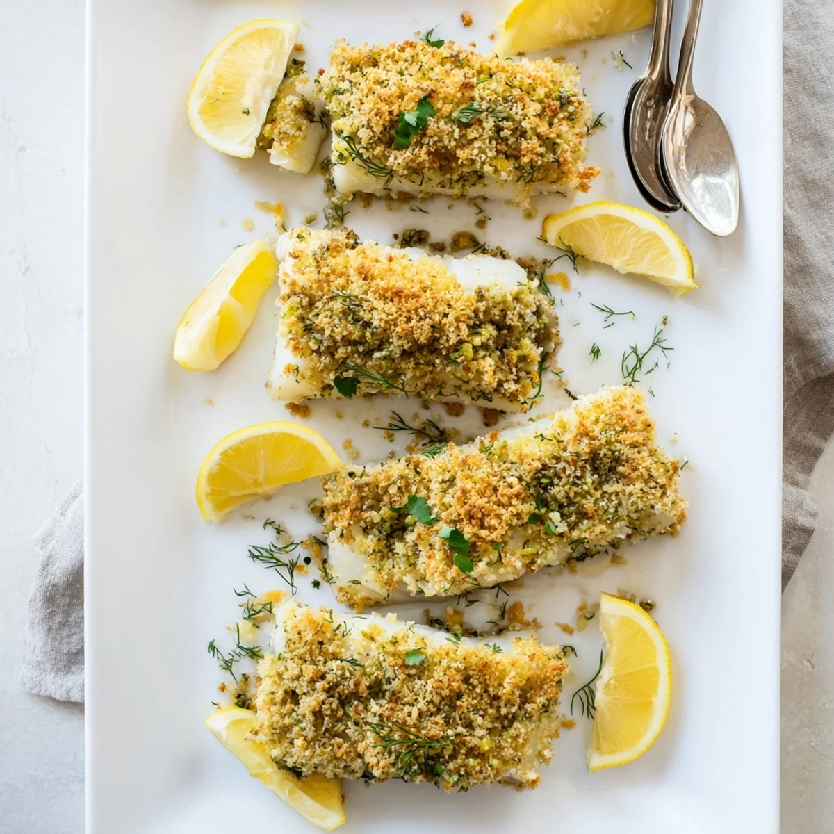 A close-up of crispy Baked Cod with Lemon Herb Panko Crumb, highlighting the golden texture and fresh parsley garnish.