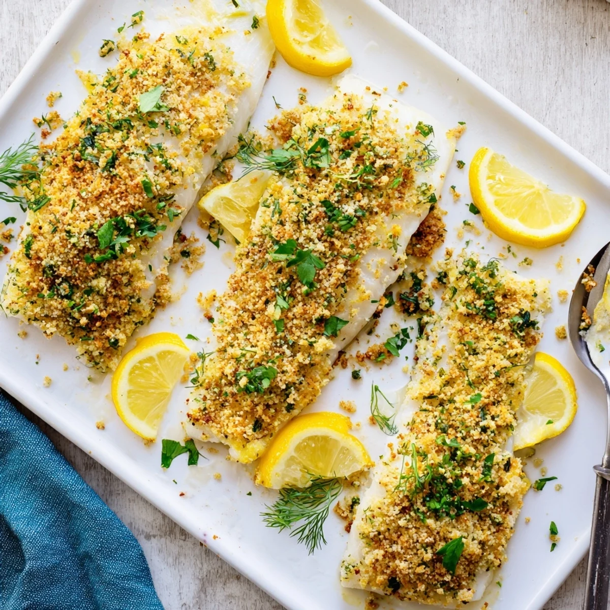 Tender Baked Cod with Lemon Herb Panko Crumb topped with a zesty herb crust, ready to serve alongside vegetables.