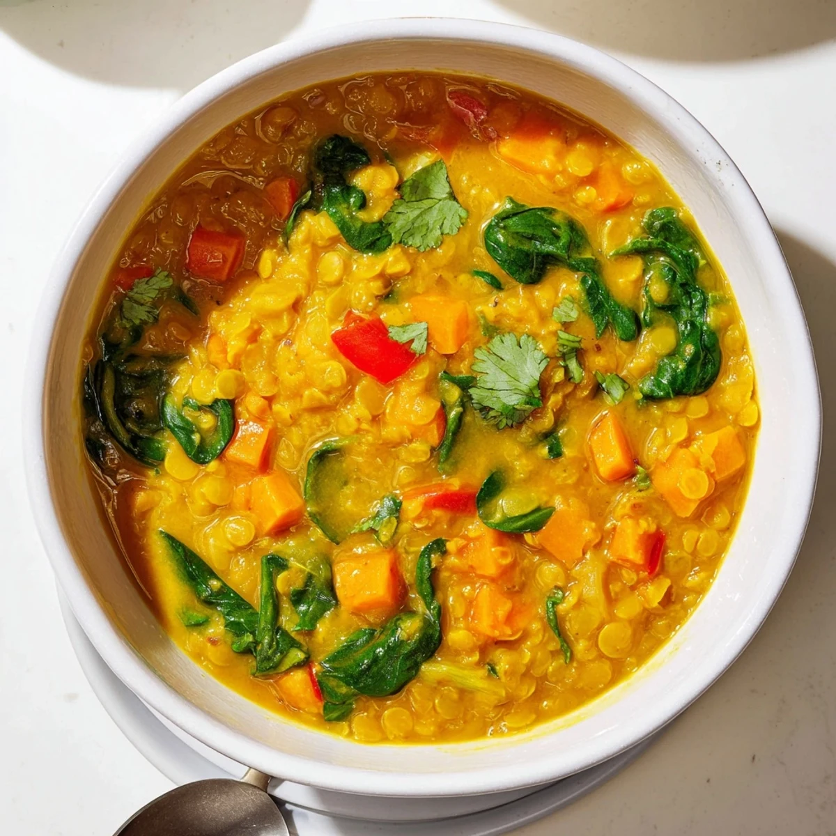 Creamy Coconut Curry Lentil Soup with Spinach steaming in a white bowl, garnished with fresh cilantro and a lime wedge.