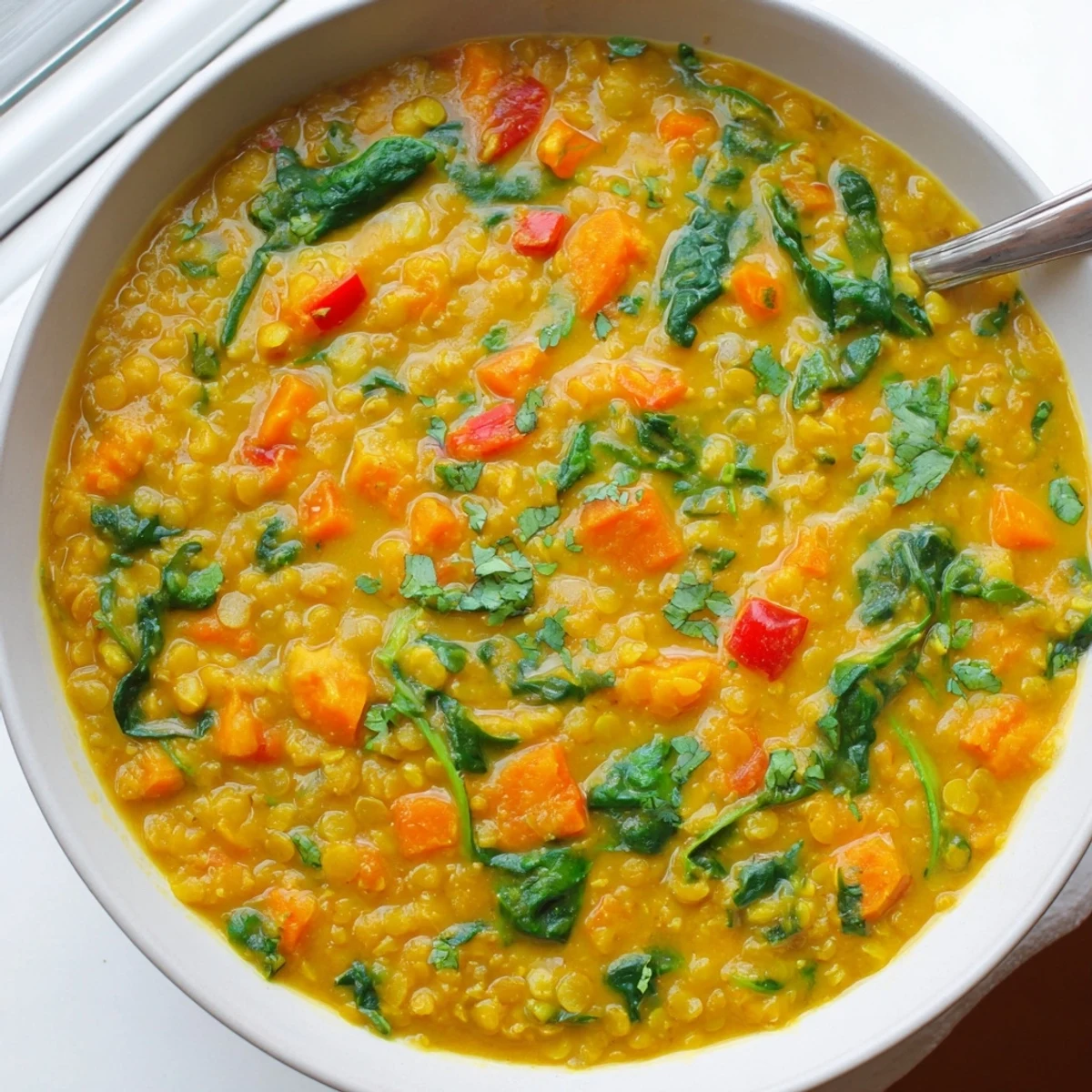 Warm Coconut Curry Lentil Soup with Spinach served alongside warm naan bread for a comforting, aromatic meal.
