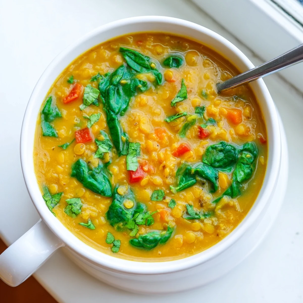 Vibrant red lentils and tender spinach swirl in this nourishing Coconut Curry Lentil Soup, perfect for a cozy dinner.