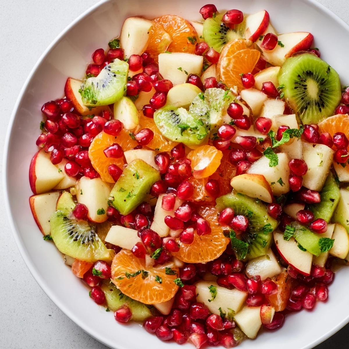 A refreshing Winter Fruit Salad with Honey Lime Dressing tossed with grapes and pears, ready for a healthy snack.