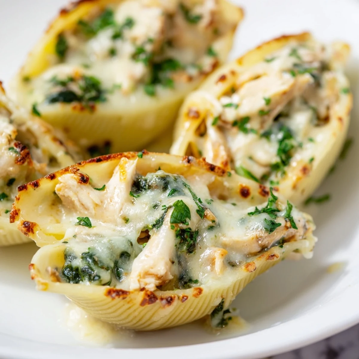 Golden-baked Chicken Alfredo Stuffed Shells with Spinach rest in a white dish, topped with melted mozzarella and fresh parsley garnish.