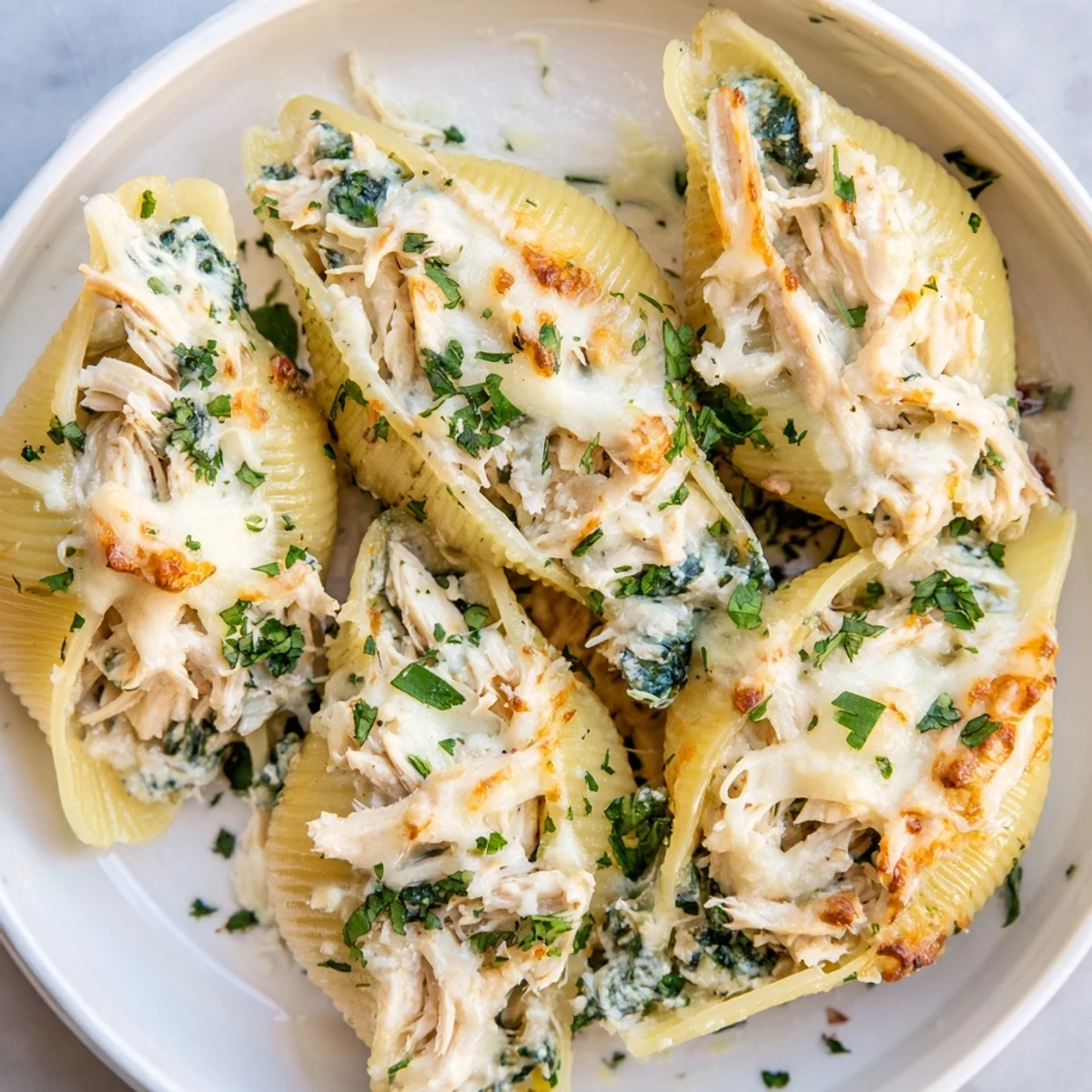 Close-up of creamy Chicken Alfredo Stuffed Shells with Spinach, revealing tender pasta filled with ricotta, chicken, and vibrant green spinach.