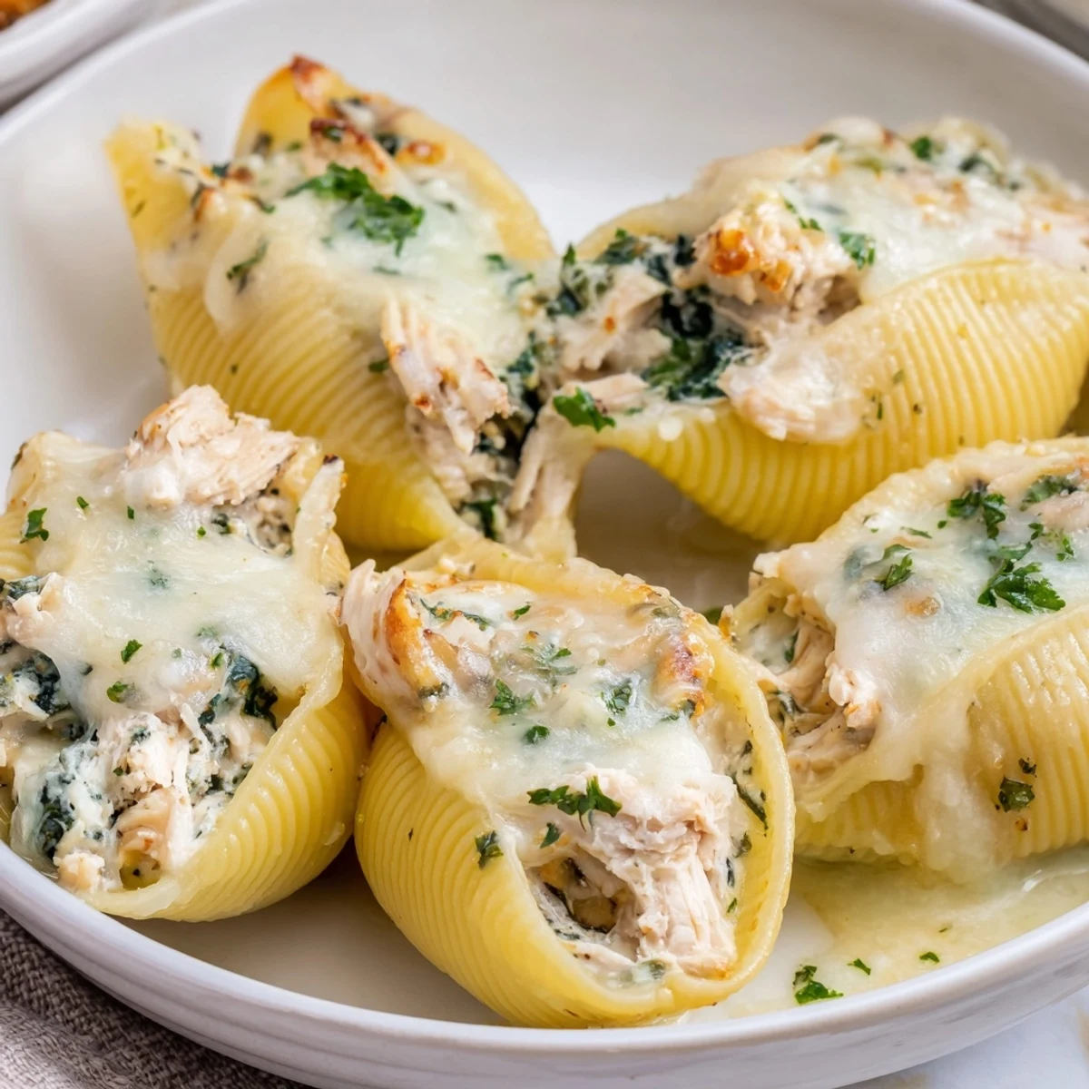 A serving of Chicken Alfredo Stuffed Shells with Spinach, drizzled with rich Alfredo sauce, paired beside a fresh green salad.