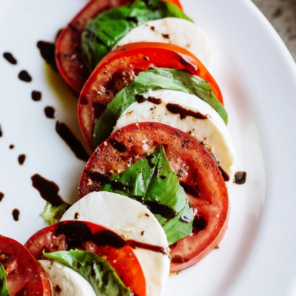 Heart-shaped mozzarella and sliced tomatoes for Valentine Caprese Salad with Balsamic Glaze, finished with fresh basil and a drizzle.